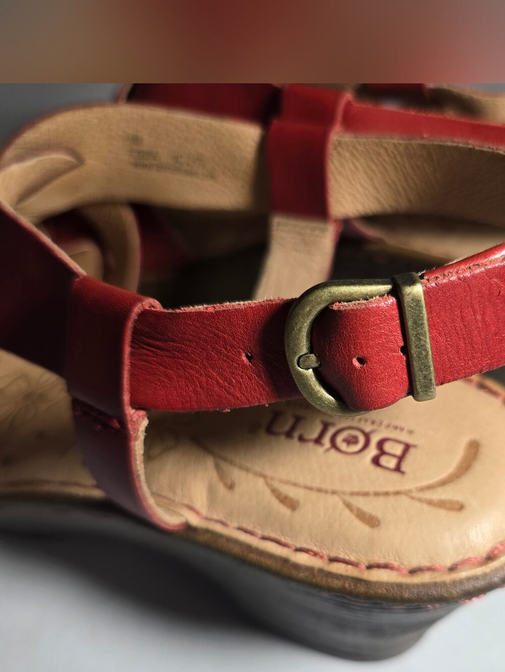 BORN Red Leather Strappy Wedge Sandal - Women 11 - Picture 9 of 11